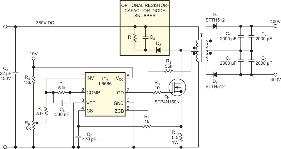 A flyback capacitor charger uses BCM operation.