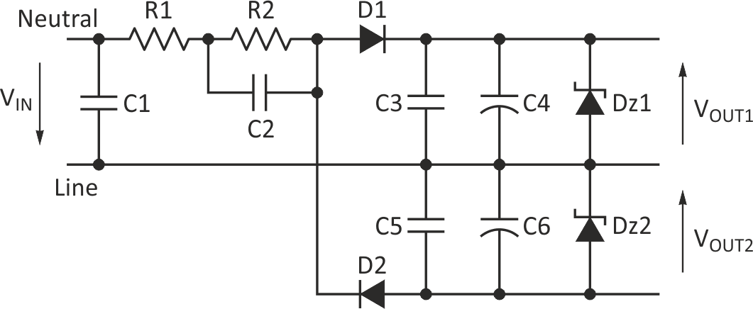 The basic capacitive converter uses a diode rectification, Zener diodes, and capacitors but has no regulation.