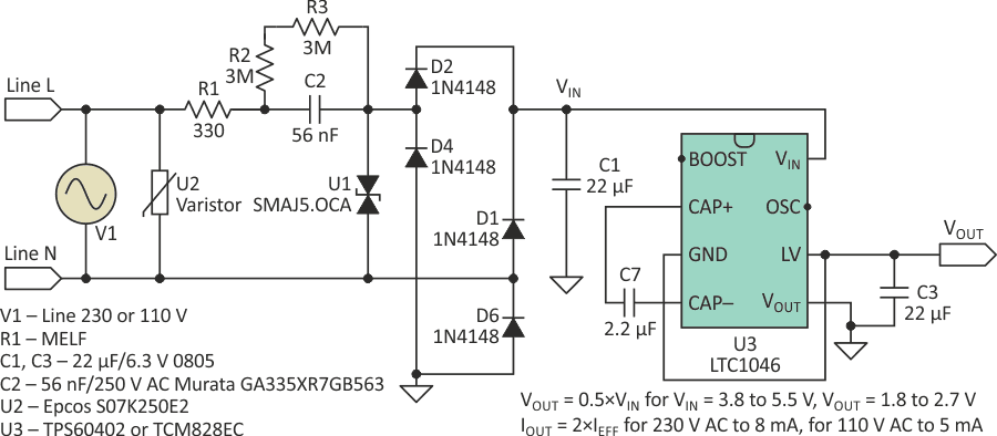 The basic capacitive converter uses a diode rectification, Zener diodes, and capacitors but has no regulation.