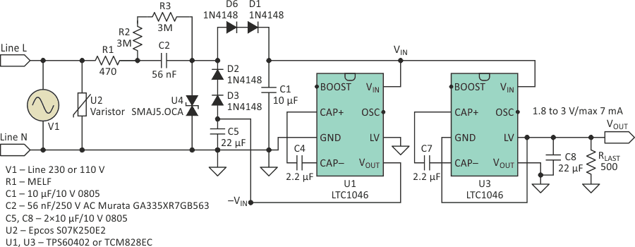 The modified capacitive converter without bridge rectifier brings a fixed ground connection.