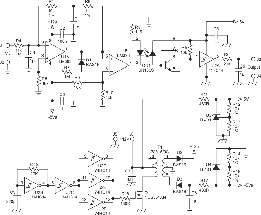 The floating sigma-delta converter U1 generates a pulse train whose duty cycle depends on the voltage at J1 and J2. The filtered DC level is reconstructed at the output J3.