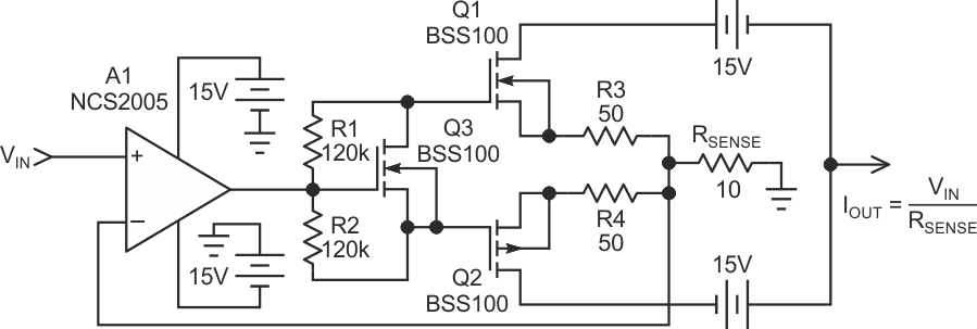 Actual circuit used for testing of the grounded load current source. This circuit included the VGS multiplier Q3 to provide the class A/B bias necessary for high frequency transient response testing. The 50 Ω source resistors on Q1 and Q2 eliminate MOSFET ringing on fast transitions.