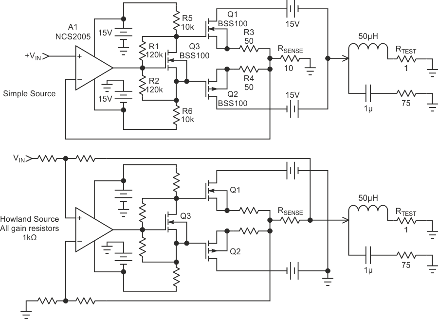 Test circuits to compare dynamic response of Simple Source (top) vs. Howland (bottom). Output signal is observed across RTEST.