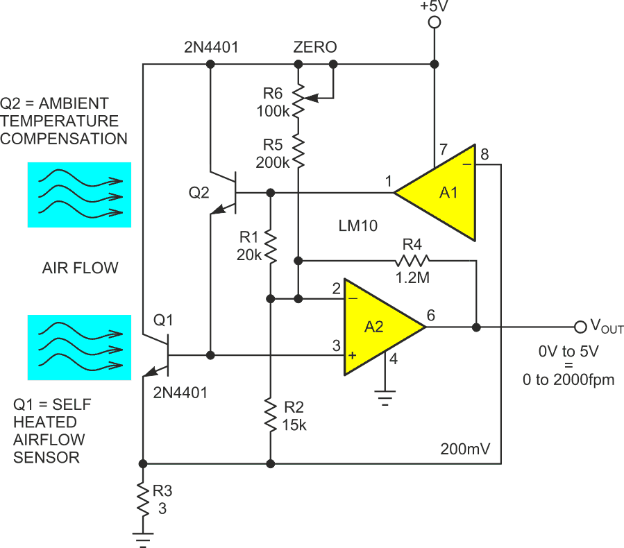 The self-heated Darlington thermal airflow sensor.