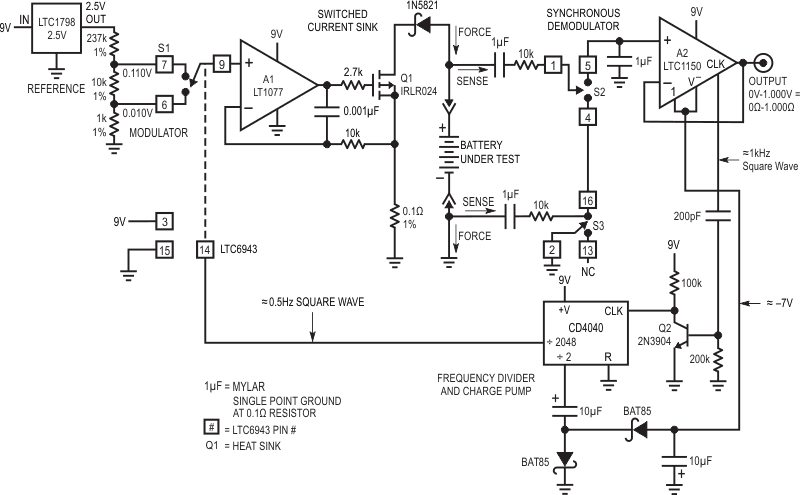 Battery internal resistance is determined by repetitively stepping calibrated discharge current and reading resultant voltage drop. S1-based modulator, clocked from frequency divider, combines with A1-Q1 switched current sink to generate stepped, 1 ampere battery discharge cycles. S2-S3-A2 synchronous demodulator extracts modulated voltage drop information, provides DC output calibrated in ohms.