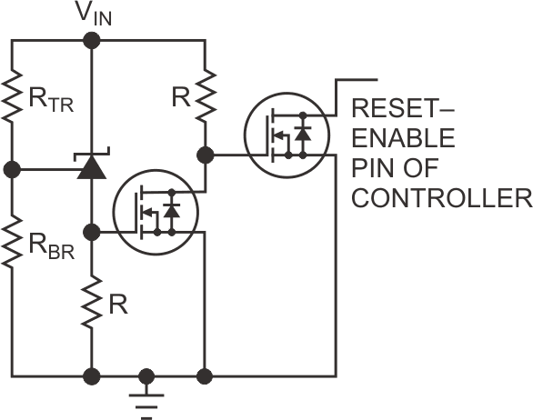 The RBR/RTR divider that connects to the LM4041 in the first stage senses the solar panel's output voltage, which initiates a restart mode by disabling the second stage of the circuit by pulling down on the enable pin of LM5001.