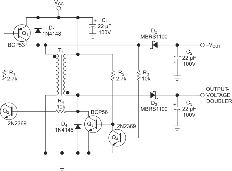 Cross-coupled regeneration drives switching transistors Q1 and Q3 and the windings of the transformer. The resulting voltage swings at their collectors are rectified to twice the positive and the negative power-supply rails.