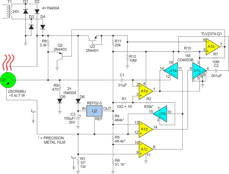 The self-heated transistor ∆VBE based thermostat with a multiplexing bipolar power transistor for temperature control, close coupling of the thermostat transistor to the componentthat requires temperature control, and VBE sensing for temperature measurement.