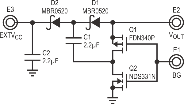 Voltage doubler allows external bias from VOUT in the range of 2.5 V to 4.7 V.