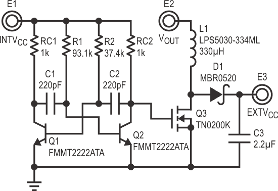 Boost controlled by astable multivibrator is used for VOUT lower than 2.5 V.