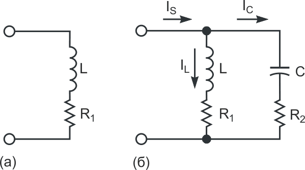 Модель громкоговорителя в первом приближении представляет собой последовательное соединение индуктивности и резистора (а); добавление последовательной RC-цепочки (б) делает динамик чисто резистивным по отношению к источнику возбуждения.