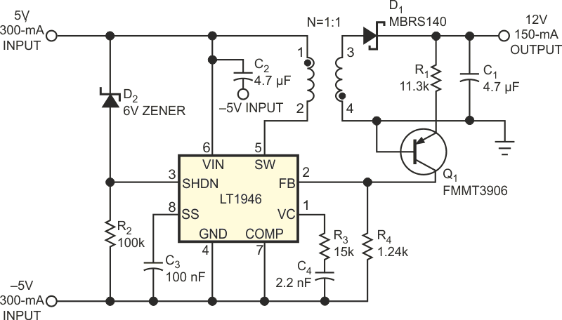 Combining two opposite-polarity power supplies can increase the available power from a flyback regulator.