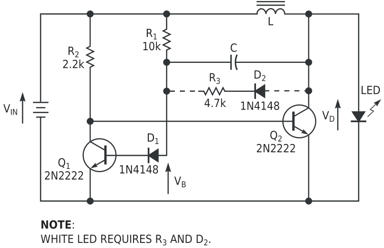 This circuit delivers virtually constant luminosity for a white or a yellow LED.