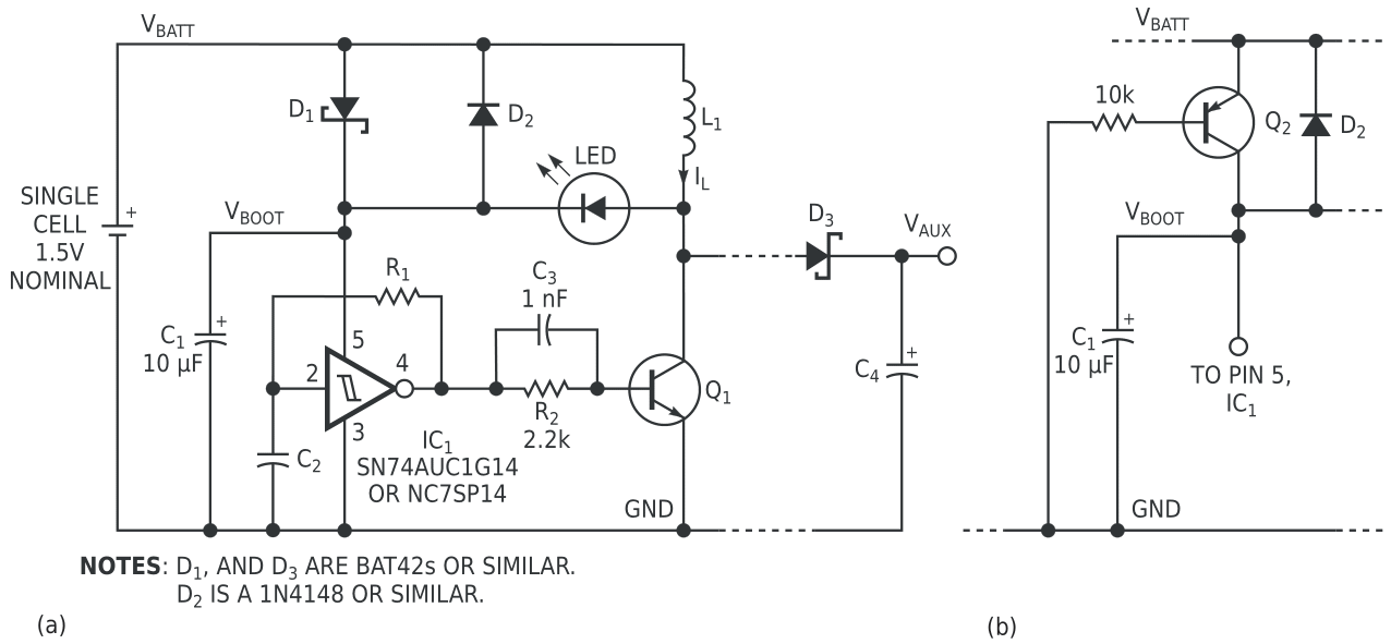 This circuit produces dazzling intensity in a white LED from very low battery voltages (a). A modification allows even lower battery voltages (b).