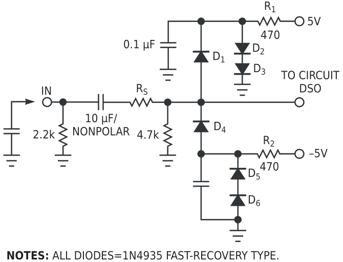 Two surge shunt paths, consisting of D1, D2, and D3 to ground or D4, D5, and D6 to ground, provide overvoltage protection.