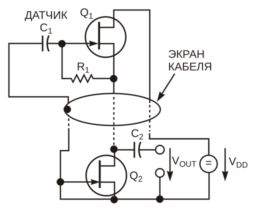 В этой схеме второй JFET Q2 заменяет резистор R2 в схеме Рисунок 1.