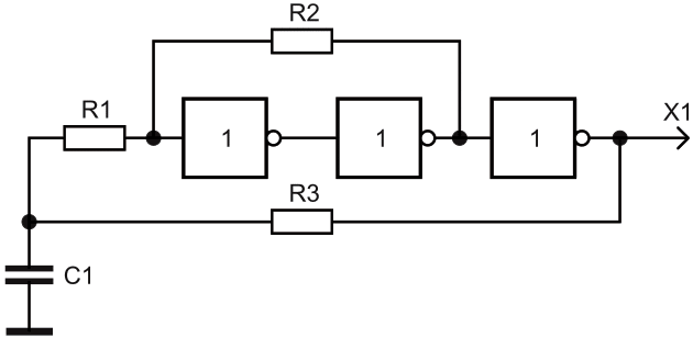 Классическая схема генератора на триггере Шмитта, построенном на трех инверторах.