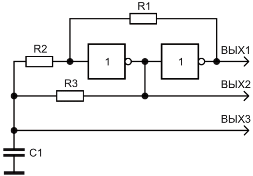 Схема генератора на триггере Шмитта, построенном на двух инверторах.