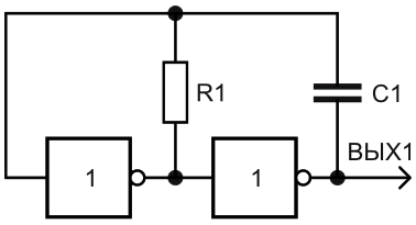 Простейшая схема генератора прямоугольных импульсов на двух инверторах.