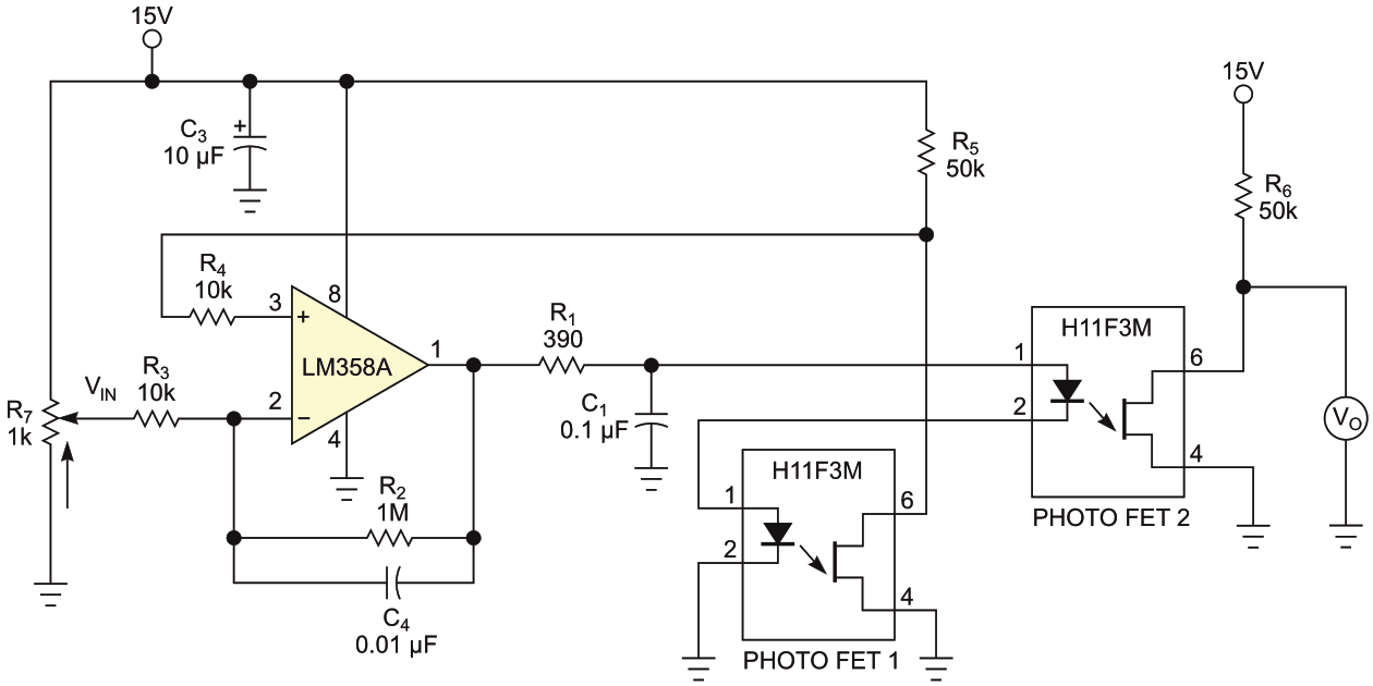 This circuit feeds back the response of an identical photoelectric FET to linearize the response.