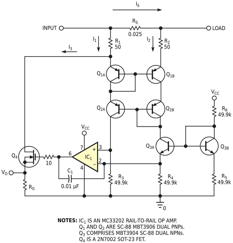 This circuit measures high-side currents without the need for auxiliary power supplies.