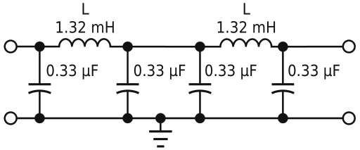 A five-pole passive lowpass filter yields sharp cutoff characteristics and low ripple