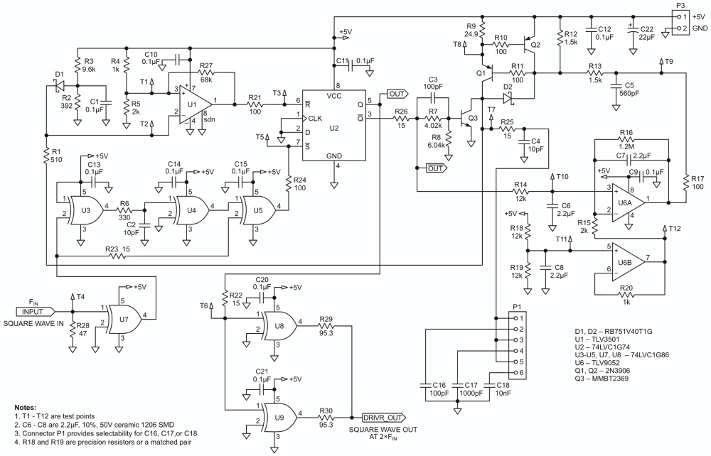 Circuit for an ultra-fast one-shot is forced by negative feedback to produce a 50% duty cycle square wave output.