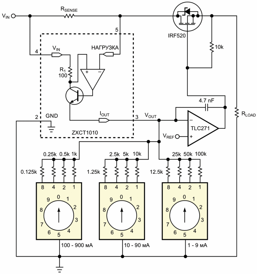 Пропускание тока через MOSFET и стабилизация его с помощью микросхемы датчика тока позволяют обойти BCD-переключатели, чтобы увеличить ток нагрузки.