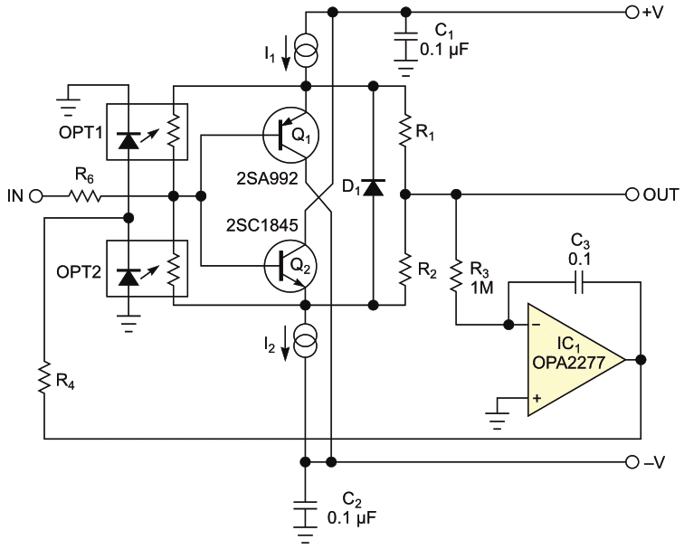 This circuit is a version of the circuit shown in Figure 1 that will automatically servo the output to a voltage close to zero.