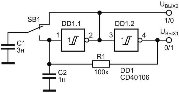 Коммутатор с однокнопочным управлением на микросхеме CD40106.