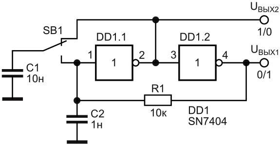 Коммутатор с однокнопочным управлением на микросхеме SN7404.