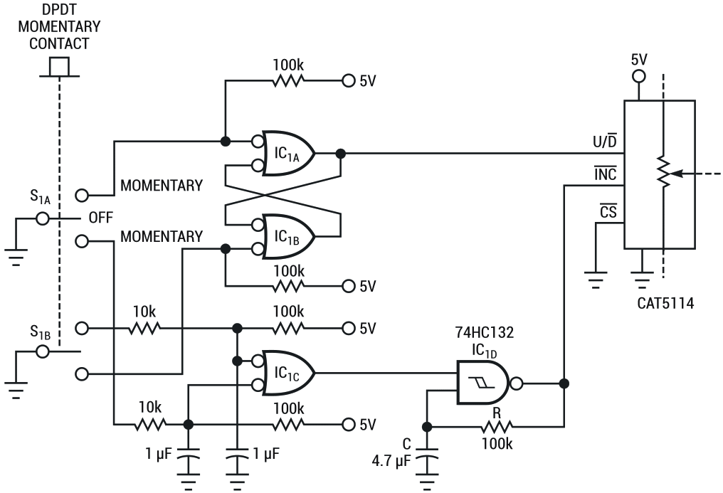 A single switch is all you need to control a digitally programmable potentiometer.