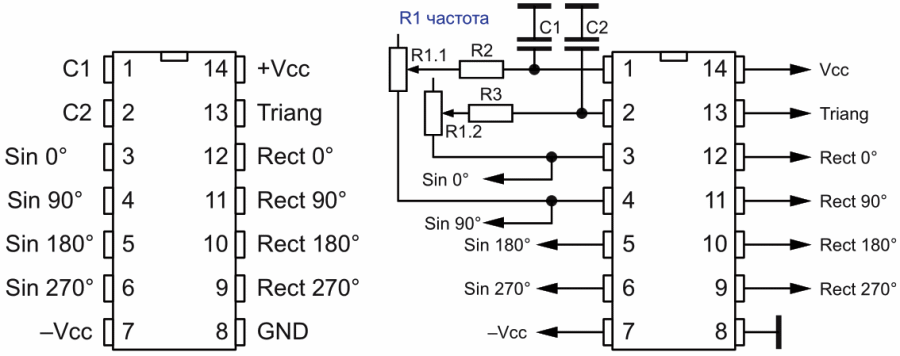 Возможная цоколевка микросхемы четырехфазного функционального генератора и схема ее включения.