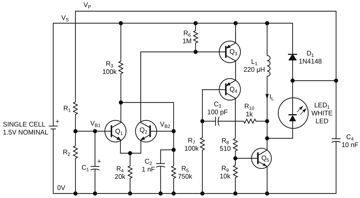 This circuit provides boosted voltage and flashes a white LED from a single cell.