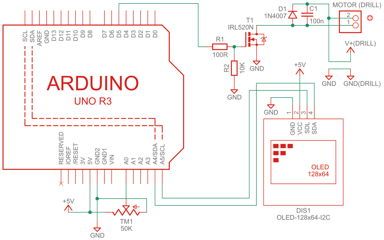 Schematic diagram of a handheld electric drill controller.