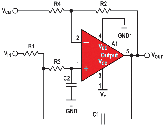 Sallen-Key second-order, single-supply filter. The gain of this circuit is 1 +R2/R1; VCM = V+/2.
