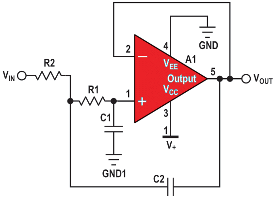 A Sallen-Key second-order, dual-supply, low-pass unity gain filter. The gain of this circuit is equal to 1 V/V.