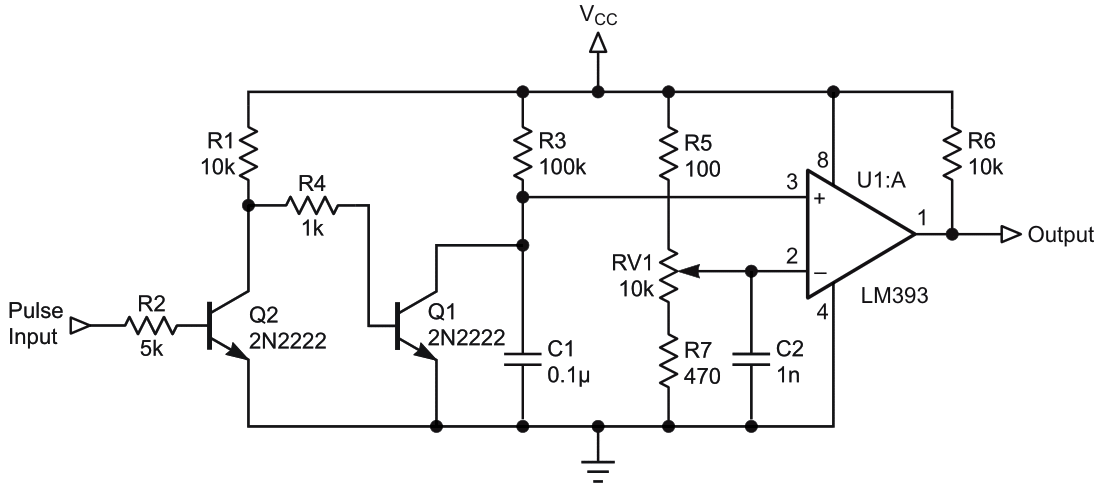 Circuit detects the long pulse whose width is decided by RV1's setting. The long pulse alone will be output while other short pulses are not. See text for RV1's potentiometer setting.