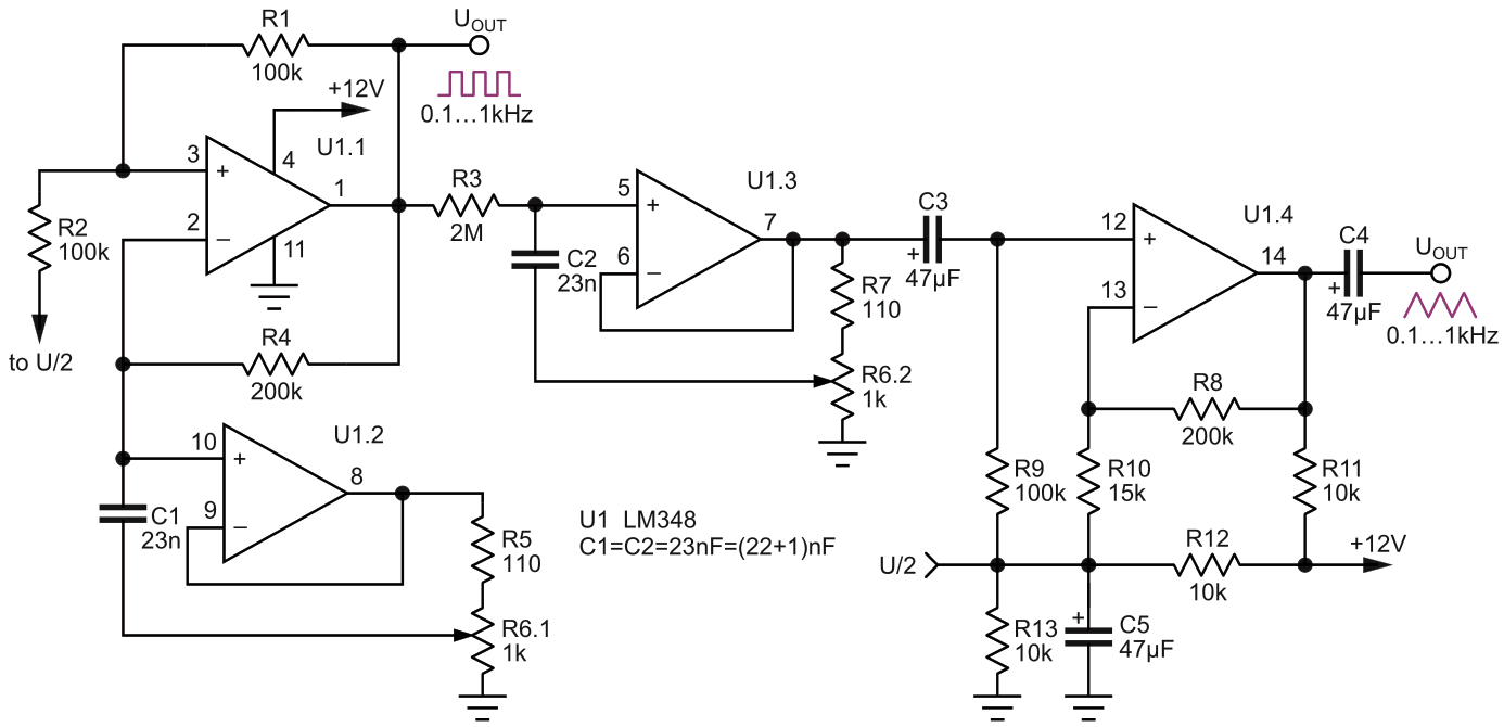 Электрическая схема функционального генератора с электронной регулировкой эквивалентных емкостей конденсаторов.