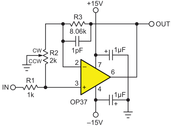 Low noise DC to 20 kHz audio gain stage based on the OP37 with pseudo-logarithmic gain adjustment.