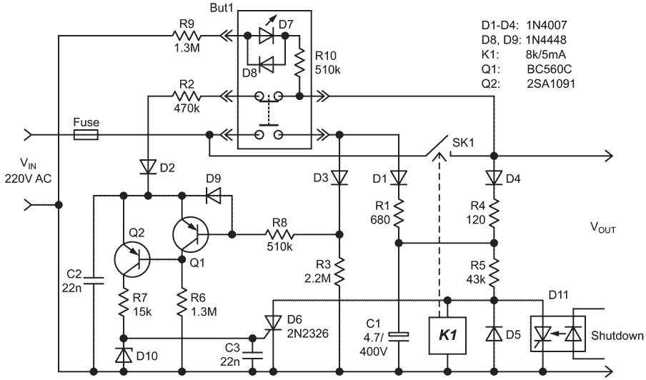 Momentary switch controls mains with latch-on and remote shutdown