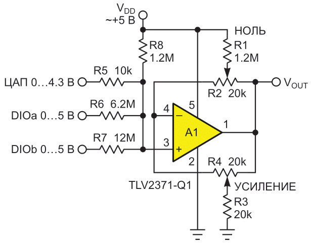Для настройки выходного сигнала ЦАП неинвертирующему операционному усилителю с Rail-to-Rail входами и выходом достаточно однополярного питания.