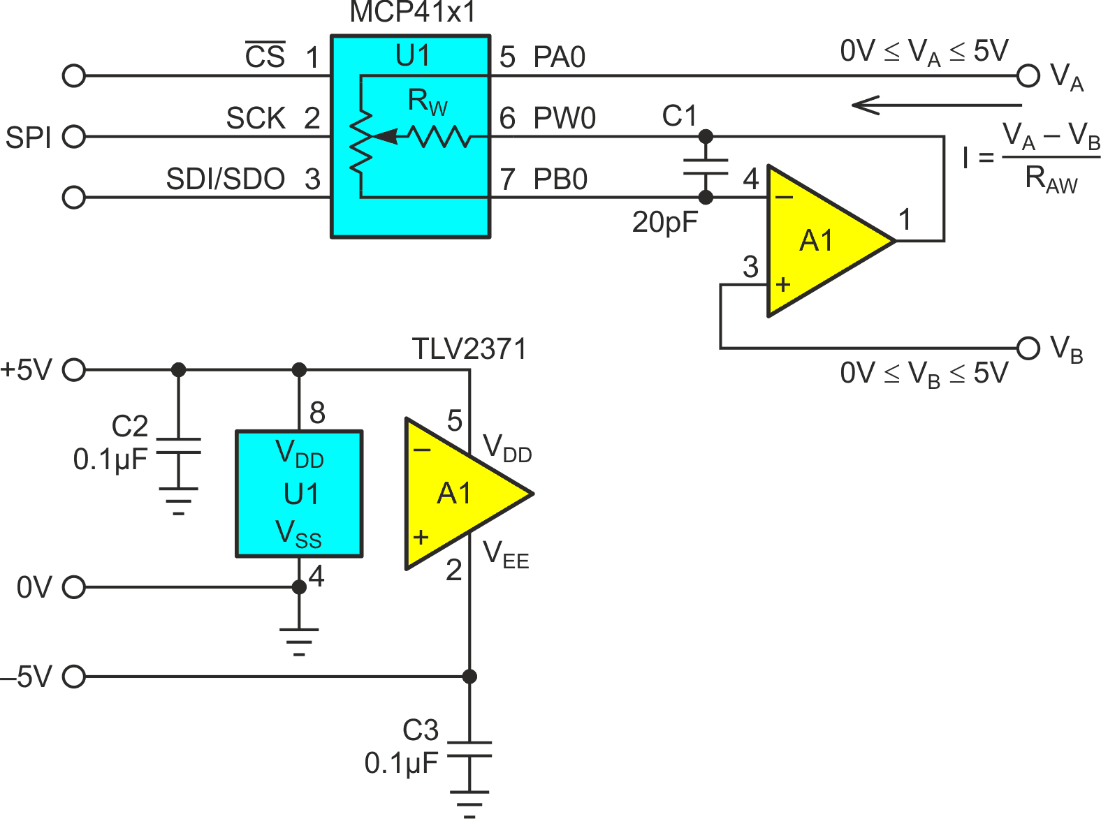 Op-amp A1 actively drives digital pot U1 wiper terminal PW0 to force VPBO = VB while drawing negligible current through resistance RWB, thus cancelling the effect of RW.