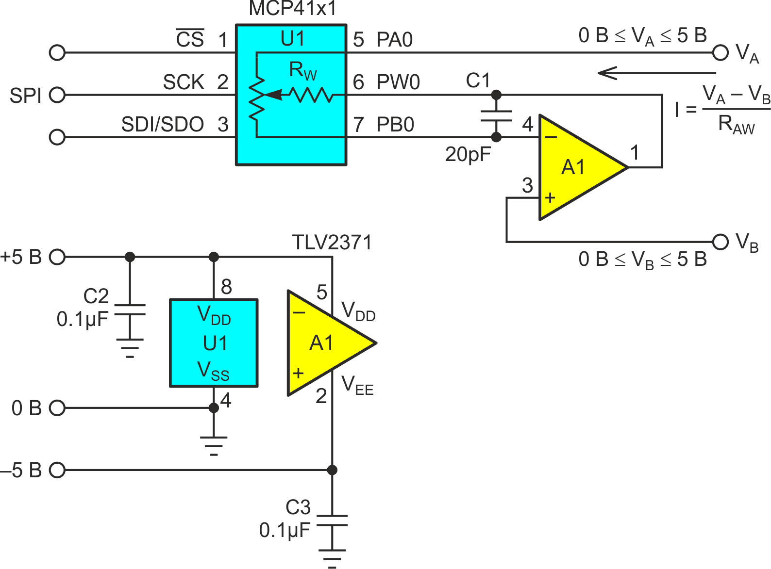 Операционный усилитель A1 активно управляет выводом PW0 движка цифрового потенциометра U1 и принудительно поддерживает равенство VPBO = VB, пропуская при этом незначительный ток через сопротивление RWB и устраняя таким образом влияние RW.