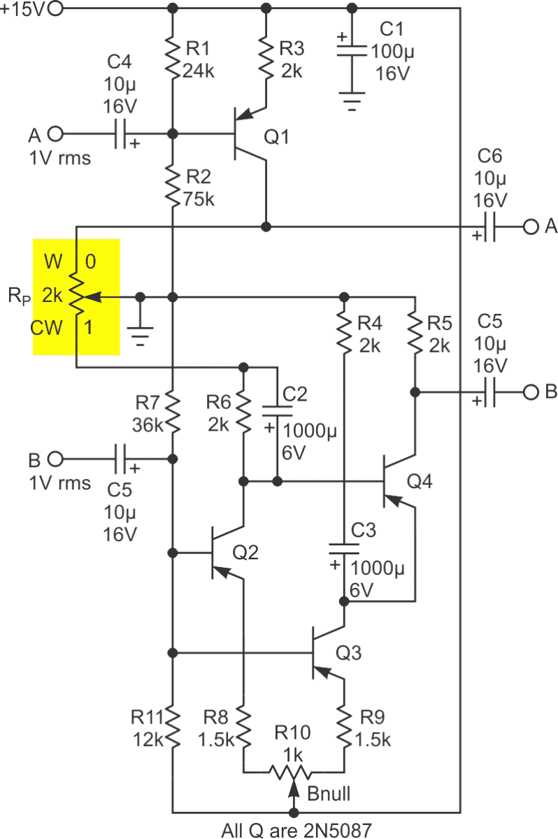 Discrete solution consists of four transistors comprising three current sources and a differencing stage and is AC coupled.