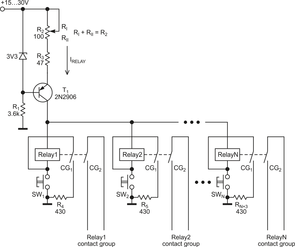 Current source drives 'one-of-all' switch.