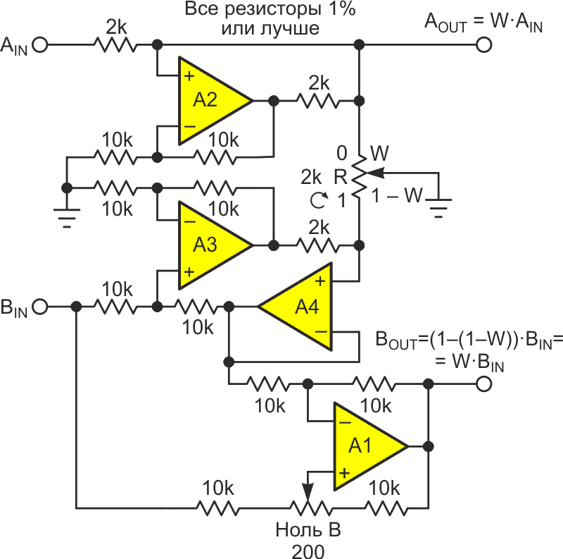 Для решения на основе операционных усилителей требуются четыре усилителя, образующие два токовых насоса Хауленда и дифференциальный усилитель, и куча прецизионных резисторов. Схема связана по постоянному току.