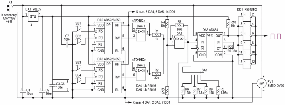 Низкочастотный генератор импульсов с дискретной установкой частоты (вариант 2).