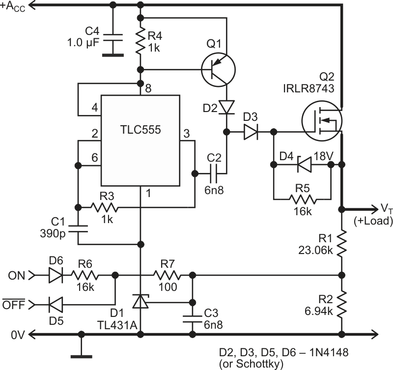 The circuit is set up for a 12 V lead accumulator with gelled electrolyte at 20 °C. Another type of accumulator may require component value changes.