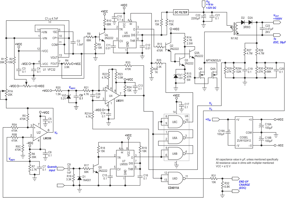 А flyback converter-based capacitor charging unit.